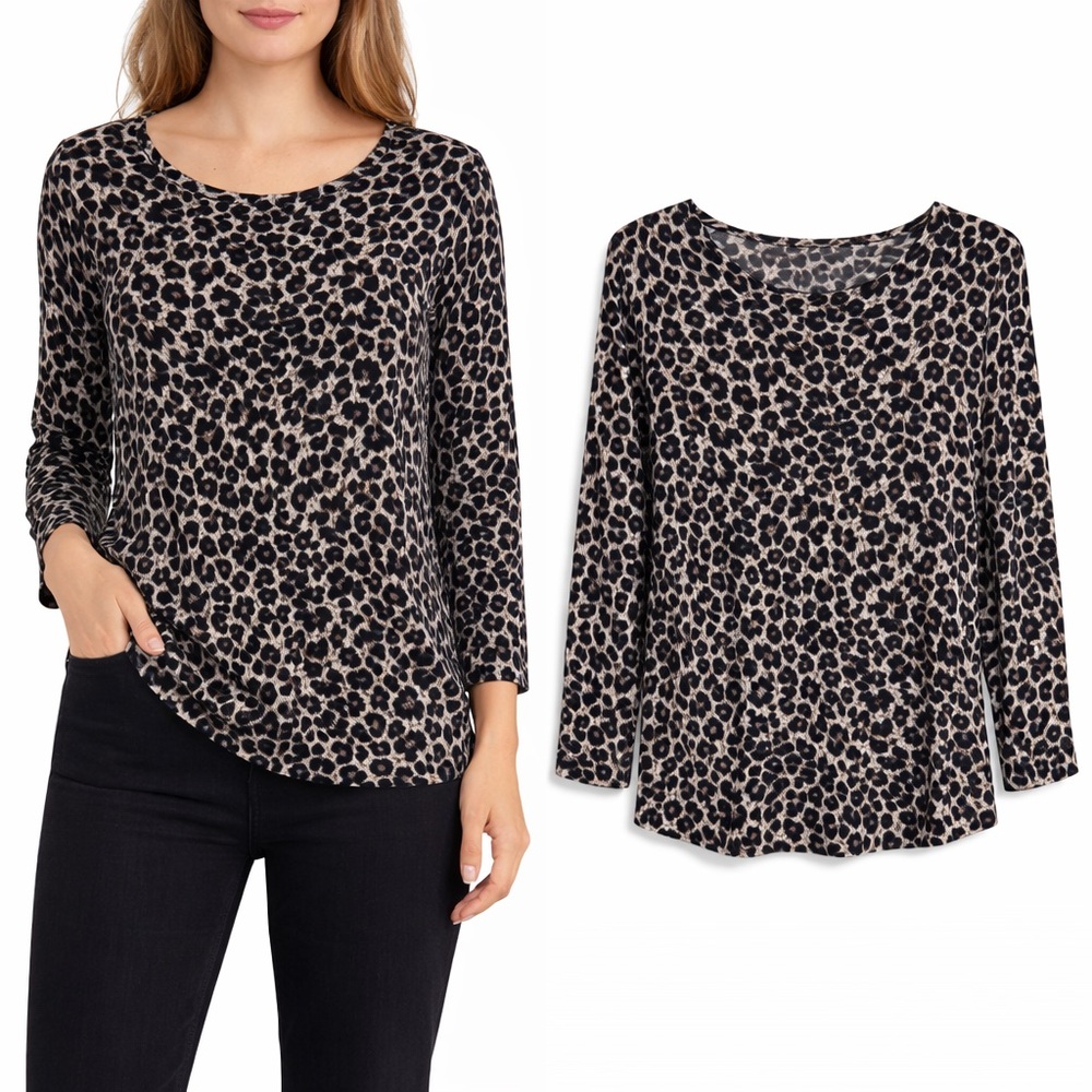 Mario Serrani Black and Beige Leopard Print Long Sleeve Top